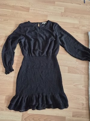 Damen Blusenkleid L schwarz kurz Langarm unifarben Rüschen Volants Bund