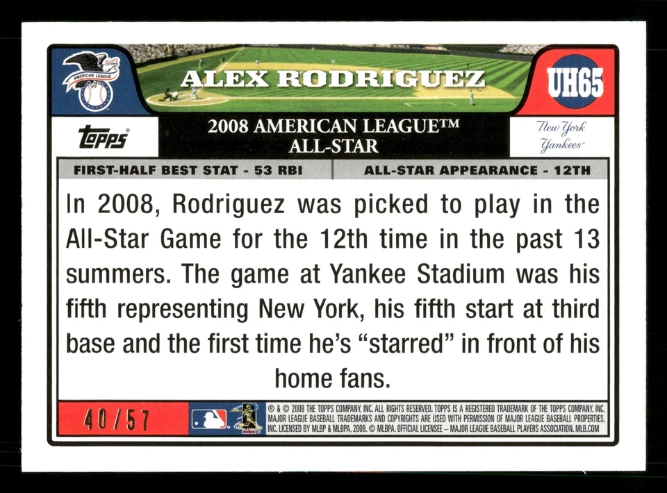 Alex Rodriguez New York Yankees 2008 Topps Update Black #UH65 SN /57 - Image 2 of 2