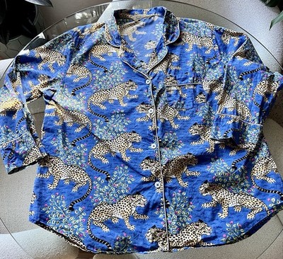 Printfresh Bagheera Leopard Pajama Top Blue Organic Cotton Poplin L Button Down