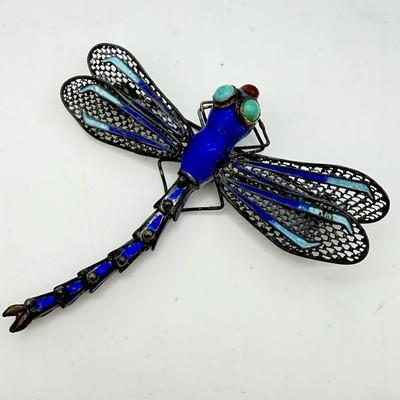 Vtg Chinese Export Sterling Silver Enamel Dragonfly Brooch Articulated Tail
