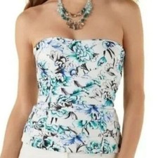 WHITE HOUSE BLACK MARKET Blue Blooming Seaside Motif Bustier Top NWOT Size 2