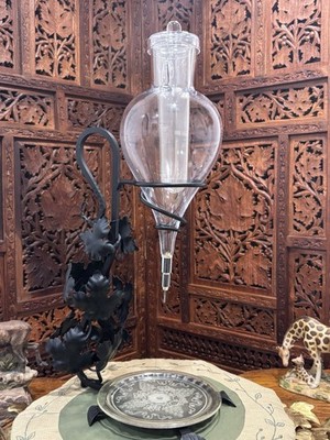 Vtg. 1960s Glass Wine Aerator/Dispenser w/Ice Chiller & Wrought Iron Stand