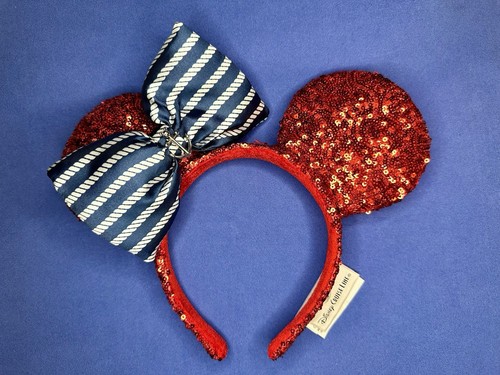 Disney Cruise Line Minnie Headband–Red Sequin Ears, Blue/White Bow–DCL Exclusive
