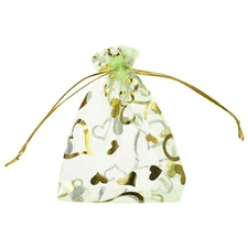 100 Pcs Organza Bag 3.5"x4.7" Sheer Heart Mesh Bags Drawstring Green-Gold