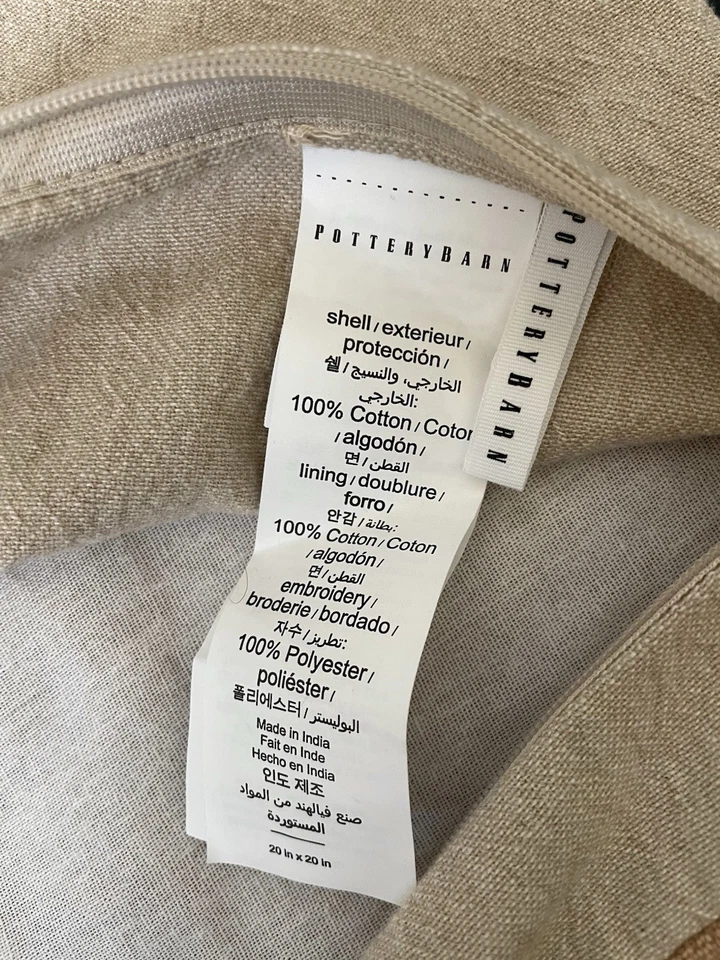 Pottery Barn 20” Pillow Cover Embroidered Floral Linen Blend Tan - Image 3 of 4