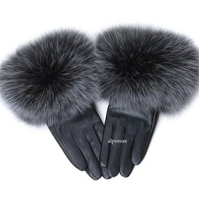 Women's Warm Genuine Leather Gloves Real Fox Fur Trim Winter Cuff Coral Velvet