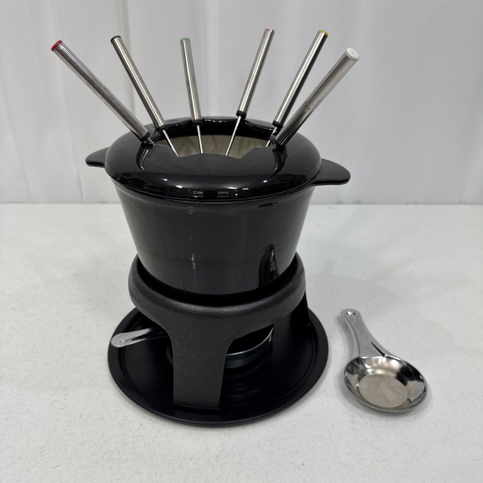 Heavy Duty Enamelled Cast Iron Fondue Set With Box In Good Used Condition
