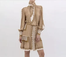 Zimmermann Printed Scarf Dress Size 3 AU 14 / US 10 Silk Dot Long Sleeve Mini