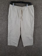 LL Bean Sunwashed Canvas Pull On Capri Pants Womens M Ivory Mid Rise Casual