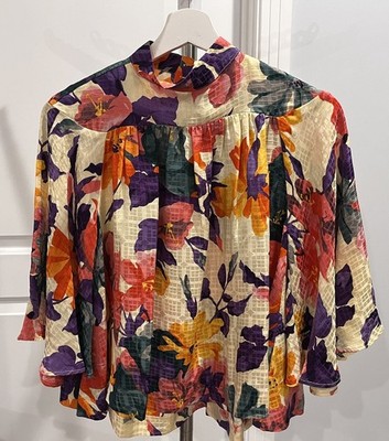 WARM Butterfly Sleeve Blouse Floral Print S Colorful Silk Top