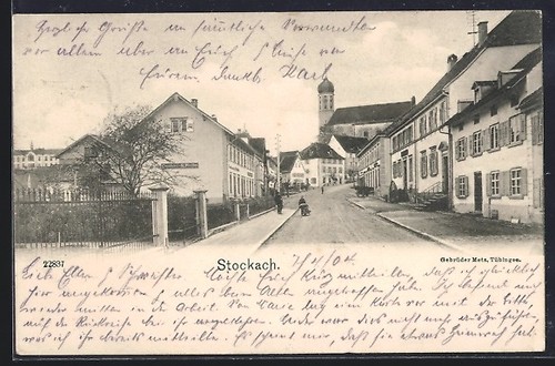 AK Stockach, Straßenpartie mit Conditorei H. Pfeiffer, Blick zur Kirche 1904
