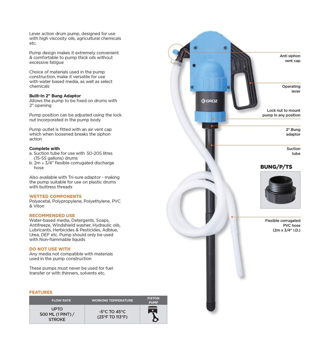 Groz PLP-02 Plastic Lever Pump 15-55 Gal Drum w/ Hose Manual Fluid