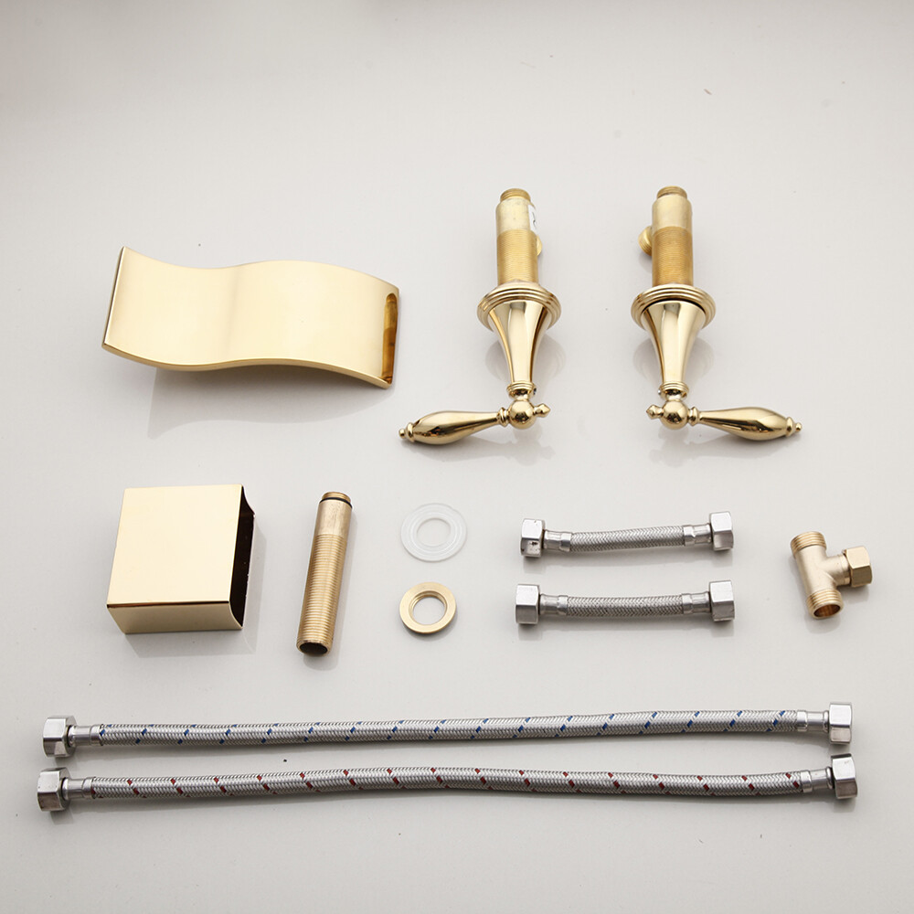 Gold 8 Widespread LED Bathroom Faucet Waterfall 3 Holes 2 Handle Sink