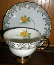 Beautiful Vintage Rosina Yellow Rose w/ Red Rose Bud Gold Trim Cup & Saucer CLK