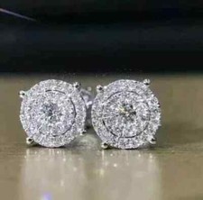 3Ct Round Cut Real Moissanite Cluster Stud Earrings 14K White Gold Plated