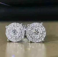 3Ct Round Cut Real Moissanite Cluster Stud Earrings 14K White Gold Plated