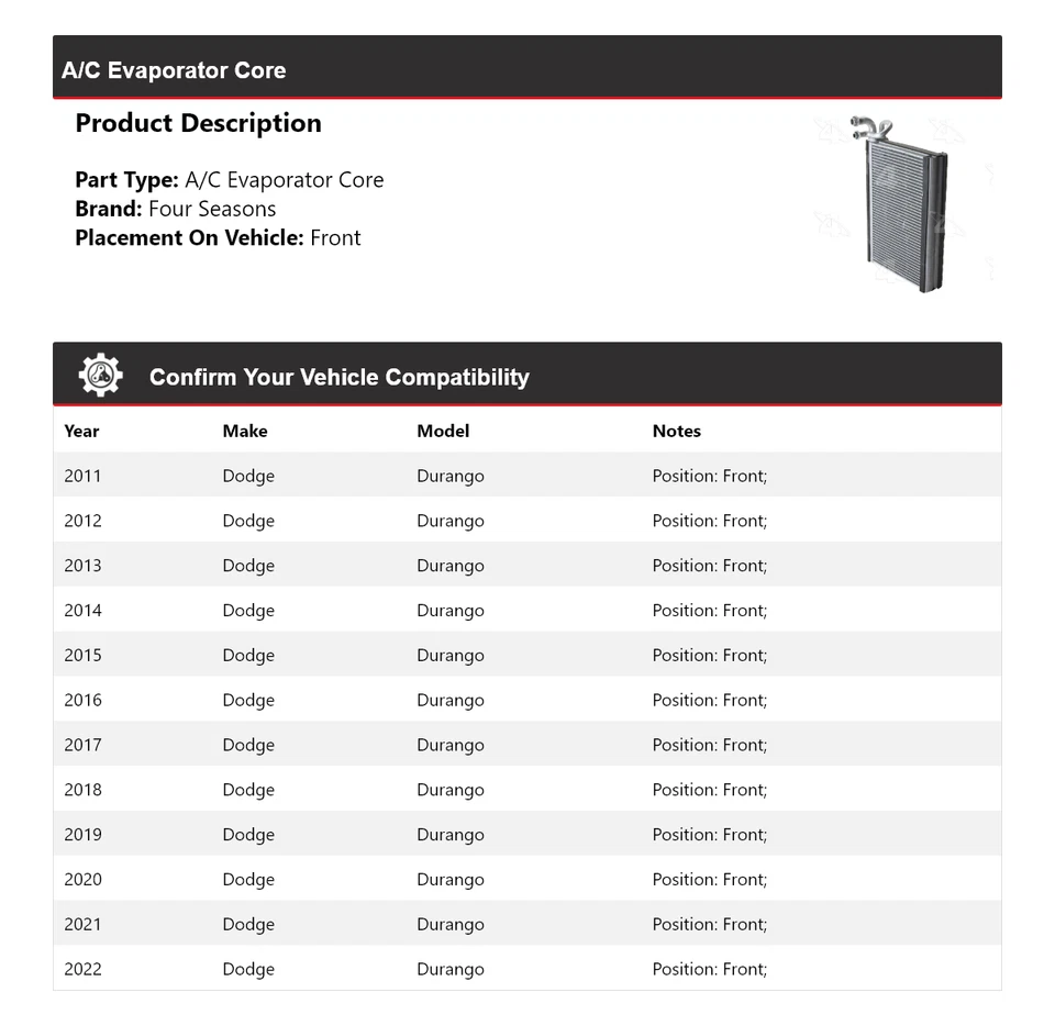Para Dodge Durango 2011-2022 A/C Evaporador Núcleo Delantero 4 Temporadas 2012 2013 2014 Foto 2 de 4