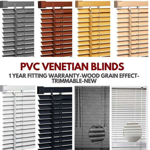 PVC Venetian Blind Window Blind Black Cream White Grey Or Wooden Grain Effect UK - Picture 1 of 33