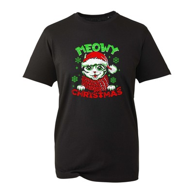 Meowy Weihnachten T-Shirt, Nikolausmütze Katzenliebhaber lustig hässlich Weihnachtsgeschenk Unisex Tee Top