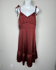 Nine West Slip Dress M Rust Brown Ruffle Hem Y2K Babydoll Soft Girl Aesthetic