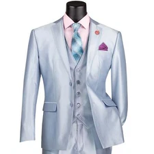 VINCI Men's Ice Blue Satin 3-Piece 2-Button Slim-Fit Suit - NEW