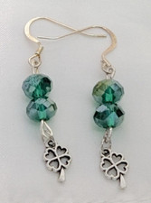 Lucky Shamrock Earrings Tiny 4 Leaf Clover Silvertone Green Beaded St Patricks