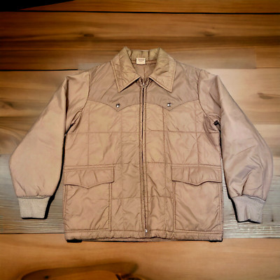 Vtg 70s Mountain Grown Sportswear USA Thin Puffer Pointy Collar Tan Jacket Med