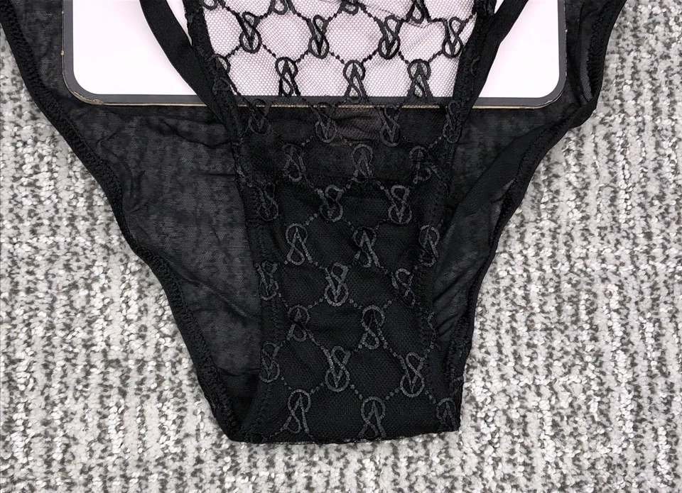 Victoria's Secret 全新带标签中号黑色字符串比基尼内裤人造皮革标志网眼布 — 第 4/4 张图片