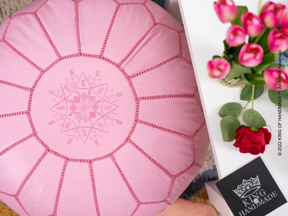 Reposapiés de cuero marroquí otomano, puf rosa, decoración única del hogar para sala de estar Foto 4 de 4