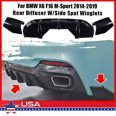 Rear Bumper Diffuser Lip W/Side Winglets Gloss For BMW X6 F16 M Sport 2014-2019
