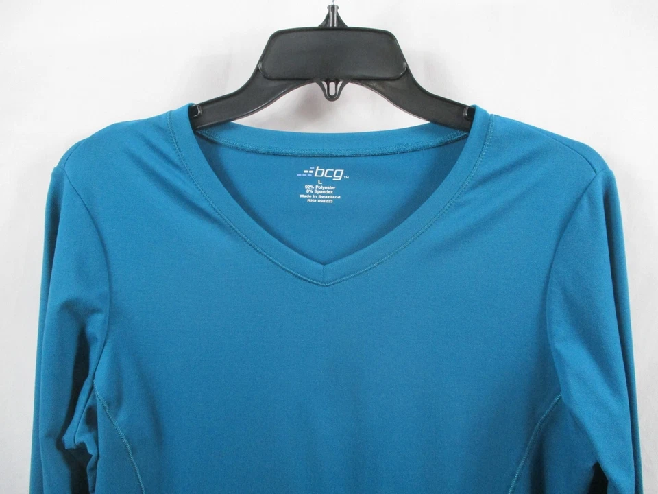 BCG Mujer Camisa Grande Azul Manga Larga Cuello en V Pullover Atlético Poliéster Foto 2 de 4