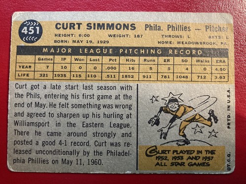 1960 Topps - #451 Curt Simmons - Phillies - Picture 5 of 5