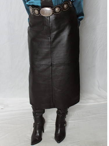 Damen Leder Rock schwarz 6 weiches Lammleder Midi lang Bleistift Vintage 90er Y2K selten