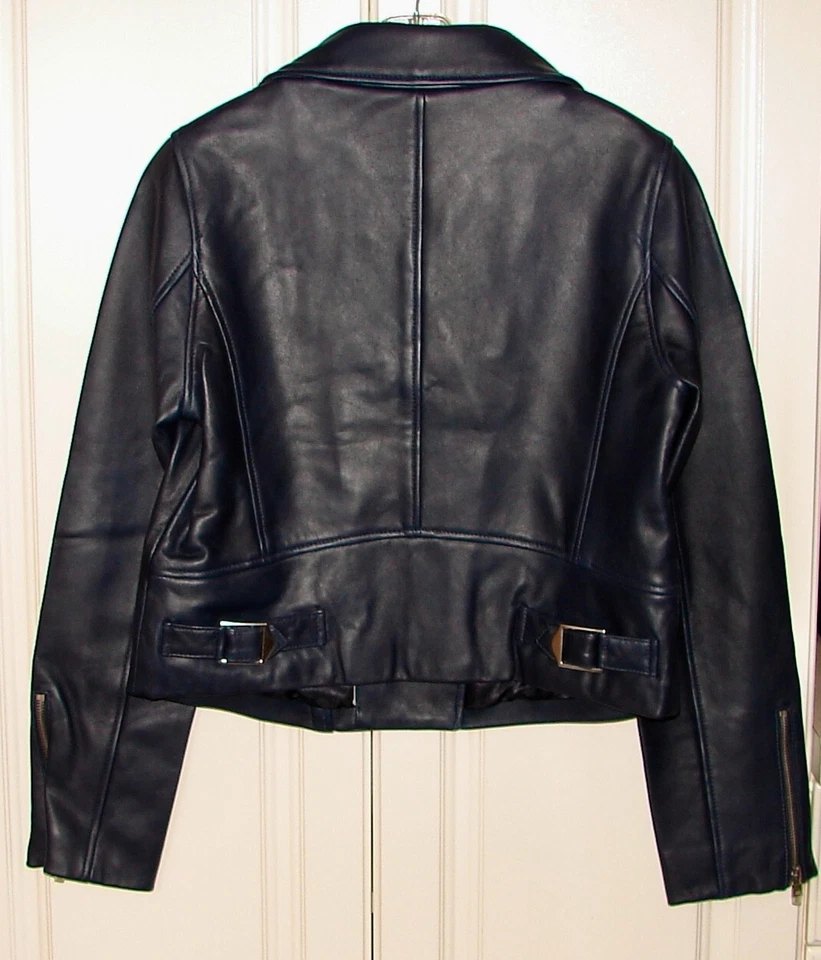 NWT J Crew Collection size 10 navy blue leather cropped moto jacket #E1781 - Image 3 of 4