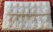 Elegant Antique Hand Made In Hong Kong White Silk Shiny Beaded Evening Clutch