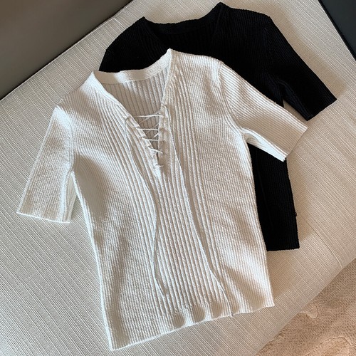 Sexy Short-sleeved Sweater For Women Pure And Sexy Slim And Elegant Top-j - Picture 10 of 13