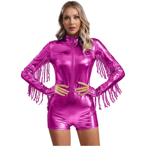 Women's Sequin Bodysuit Tassel Metallic Shiny Catsuit Clubwear Jumpsuit Leotards - Picture 41 of 59