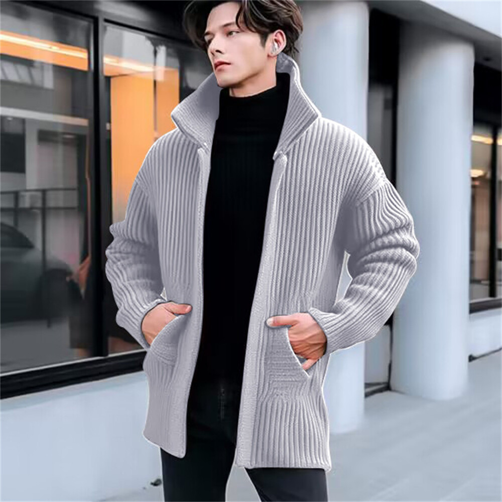 Men's Mid Length Sweater Tops Autumn/Winter Lapel Solid Color Knit