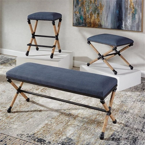 Uttermost Firth Coastal Iron MDF and Fabric Bench in Natural/Navy Blue - Picture 8 of 9