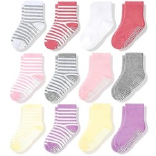 Non-Slip Crew Grip Socks Girls Solid  Stripes - 12 pairs, 3-5 Years Old