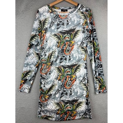 Ed Hardy Tattoo Print Long Sleeve Mesh Dress Dragon Roses Graphic L | eBay