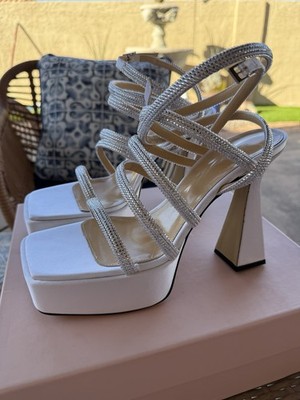 Mach & Mach Sydney White Rhinestone Strappy Satin Platform Block Heel Sandals 41
