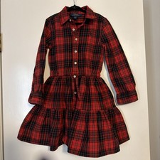 Polo Ralph Lauren Dress Girls 5/6 Red Black Plaid Long Sleeve Shirt Flannel
