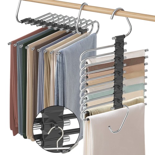 Upgrade 9 Layers Pants Hangers Space Saving, 2 Pack Non Slip Stainless Steel ...