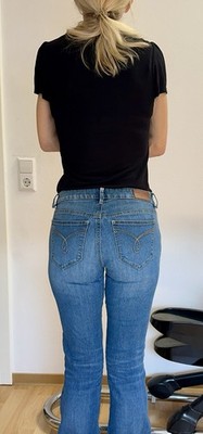 Esprit Damen Jeans Schlaghose Blau Denim mit Taschen Normalgröße W28 L32
