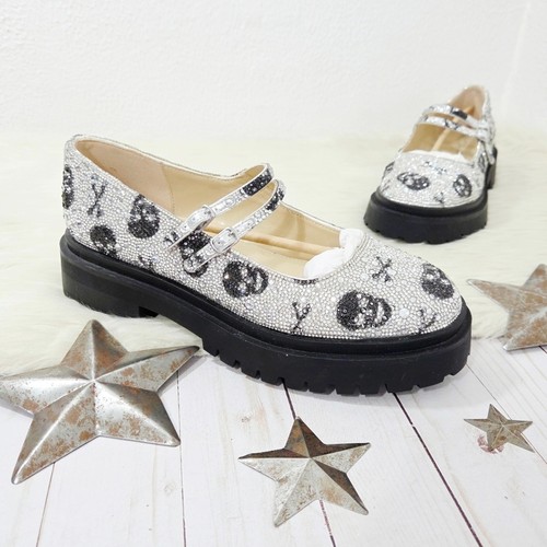 Betsey Johnson Rico Rhinestone Skull Mary Janes Metallic Silver Chunky 10 NEW - Picture 2 of 9