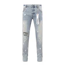 Fashion Purple Brand Men's Personality Distress Splashed Ink Slim Fit Jeans