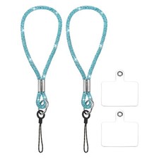 2Pcs Bling Wristlet Keychain, Full Rhinestone Phone Lanyard, Lake Blue