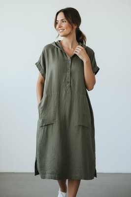 Poetry Women's 100% Linen Tunic Dress Olive Hooded Collar Size US 6 Coastal