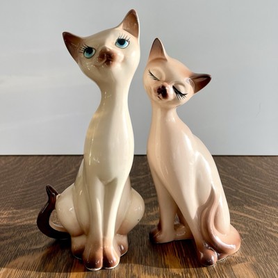 MCM Pair Long Neck Siamese Cat Figurines Anthropomorphic Atomic UNDAMAGED 8  VTG